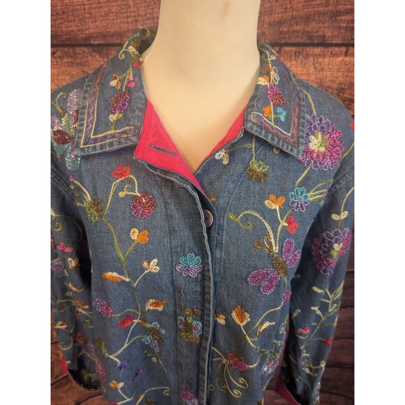 VTG Quacker Factory Artsy Demin Embroidered Garden Shacket Shirt Sz XS - Picture 8 of 12